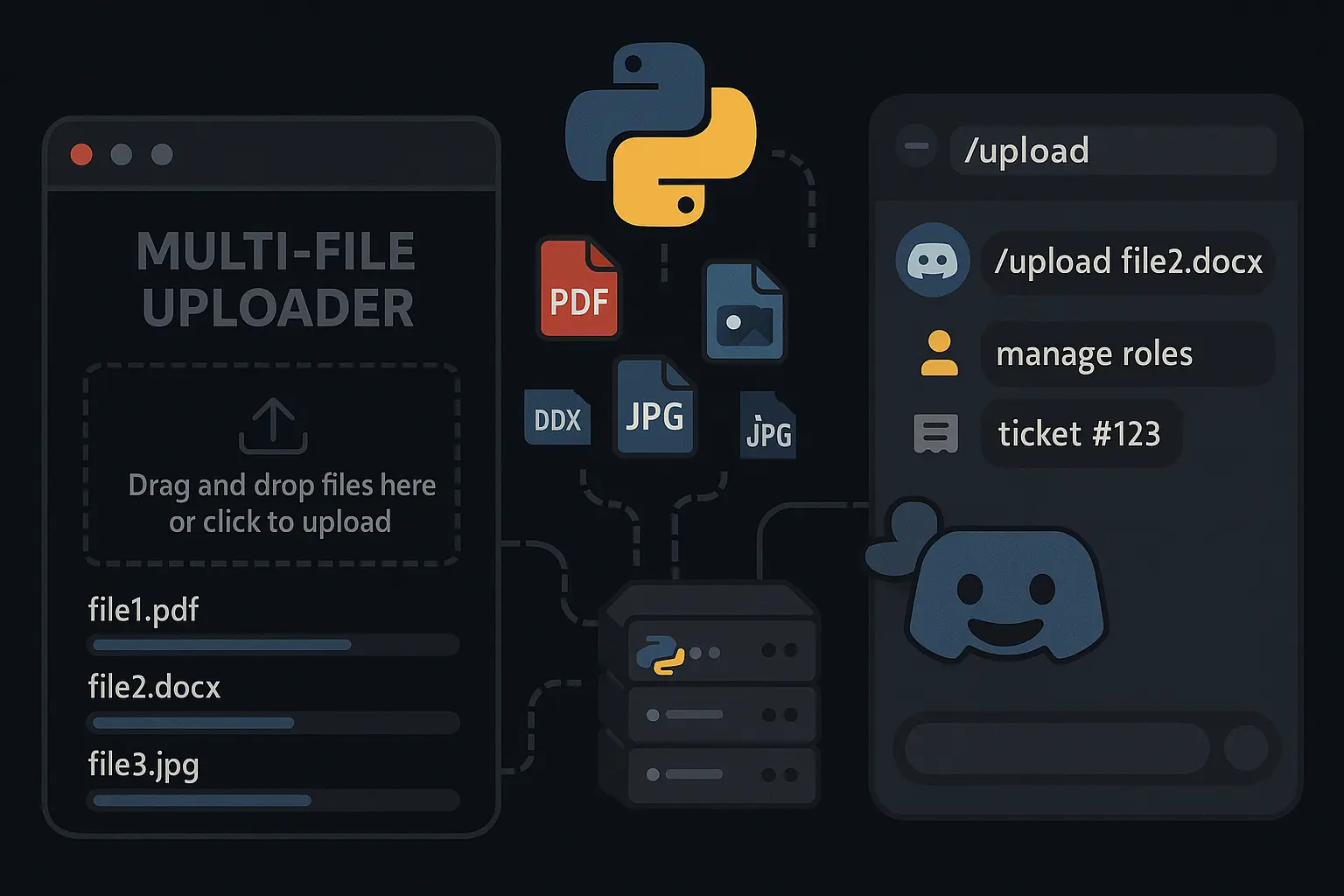 This project provides a Flask web application for file uploads and a Discord bot that integrates with the Flask app to manage file uploads, role management, and ticketing systems within Discord.